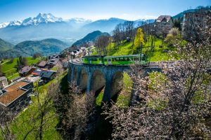 Le train Aigle-Leysin, ici sur l'emblématique viaduc © TPC