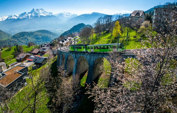 Le train Aigle-Leysin, ici sur l'emblématique viaduc © TPC